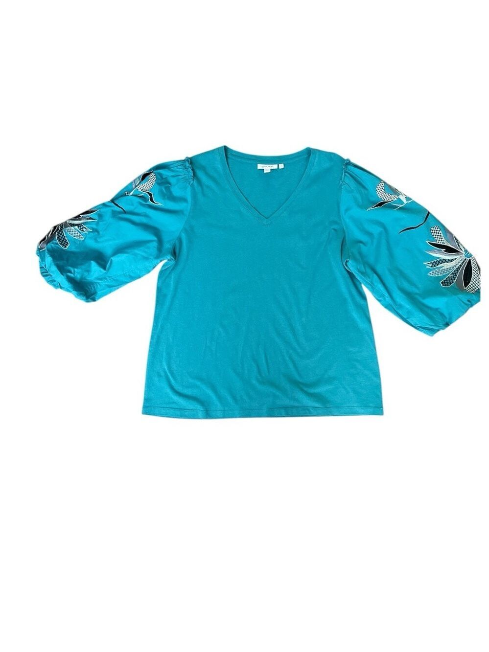 Chicos Large (2) teal Blue Embroidered Lantern Sleeve Boho Peasant Artsy top